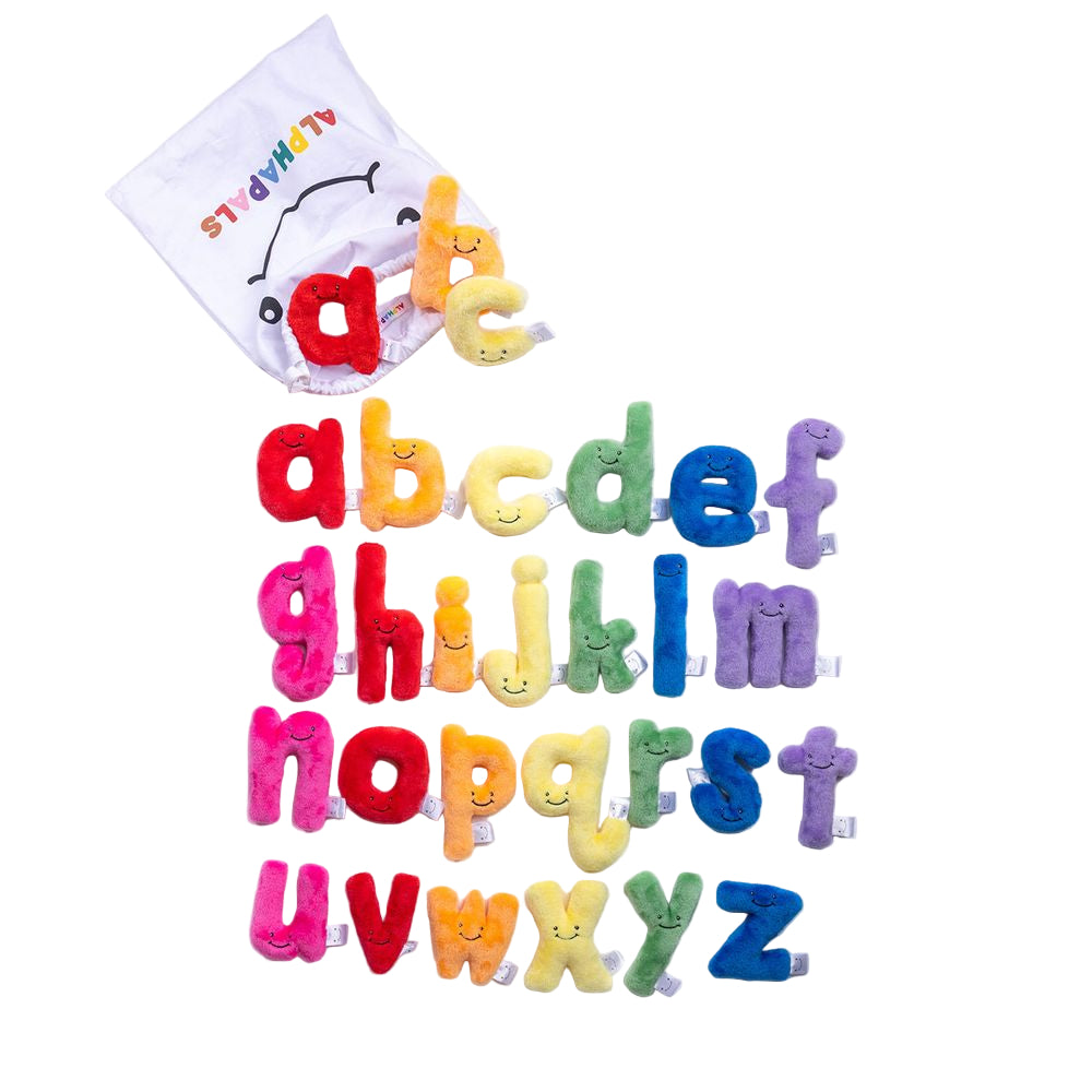 Alphabet Plush Set - Rainbow Mini Lower Case Letters with White Drawstring Bag