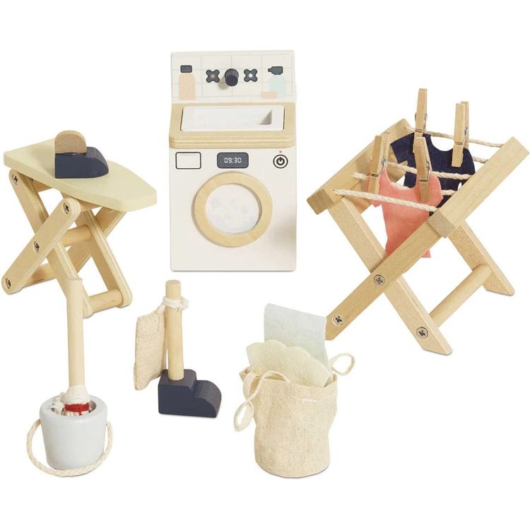 16 Piece Wooden Dollhouse Laundry Room Set